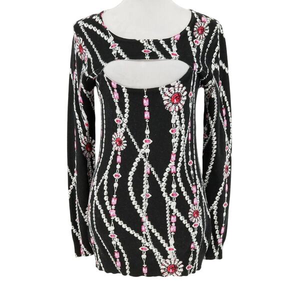 Cache Sweaters - Cache Sweater Womens Medium Black Pink Low Cut Out Jewelry Print Pullover